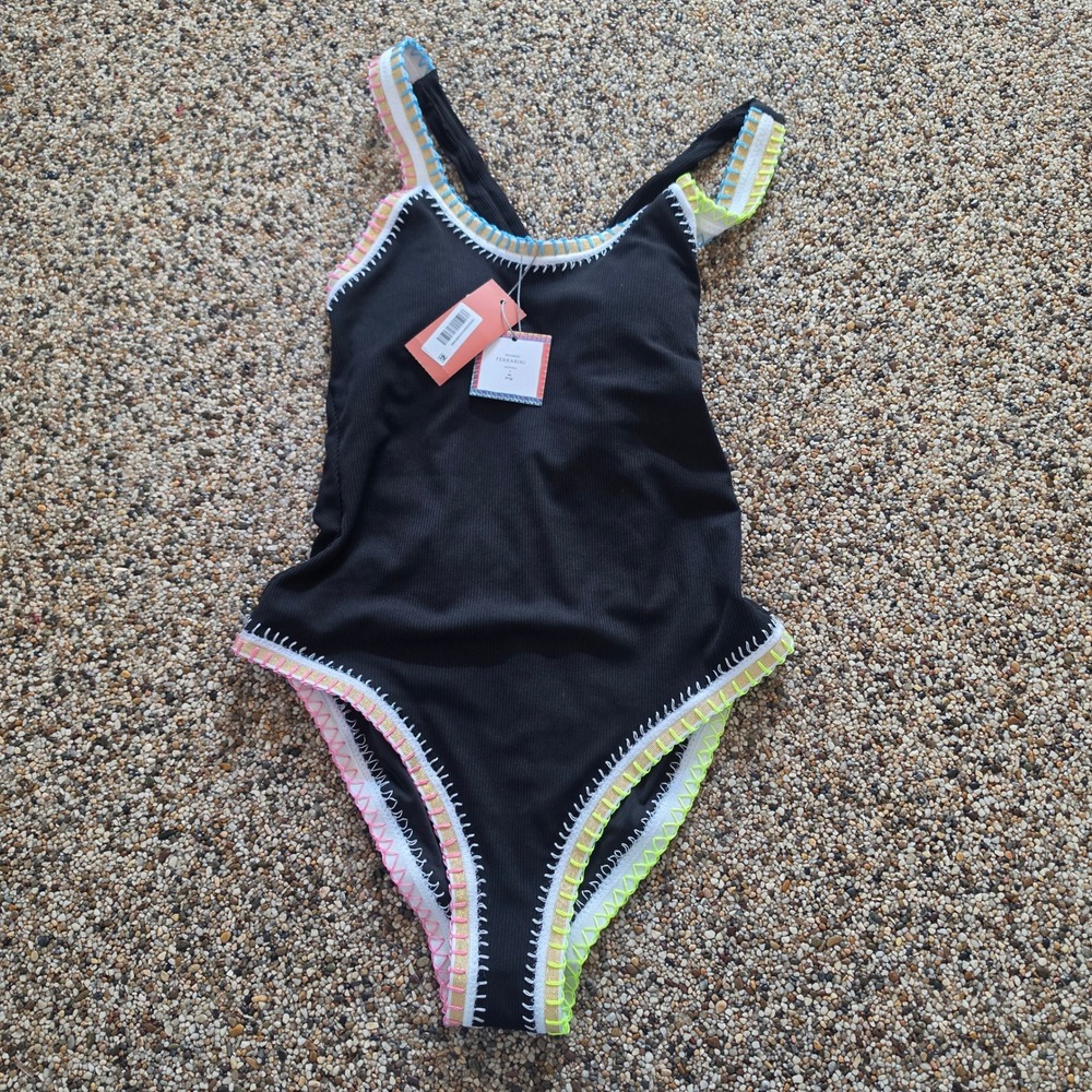 Solange Ferrarini x PQ Swim Crochet Trim One Piece Swimsuit Black Ribbed Medium